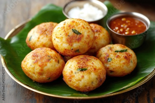 Golden Crispy Kuzhi Paniyaram with Coconut and Tomato Chutney on Banana Leaf in Brass Plate photo