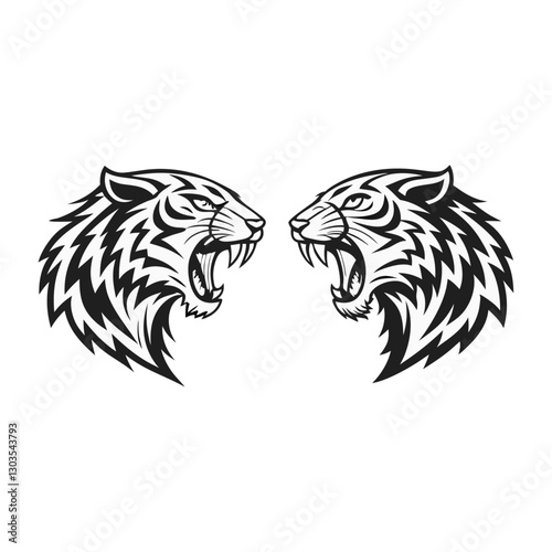 A tiger's head is a powerful symbol of strength, courage, and ferocity. It features sharp, piercing eyes, strong jaws, and distinct black stripes on golden-orange fur. The broad forehead and muscular 