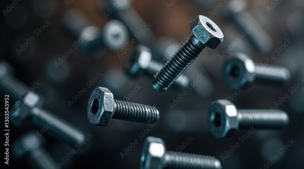 Floating steel bolts and nuts with a dark industrial background Floating steel bolts and nuts with a dark industrial background