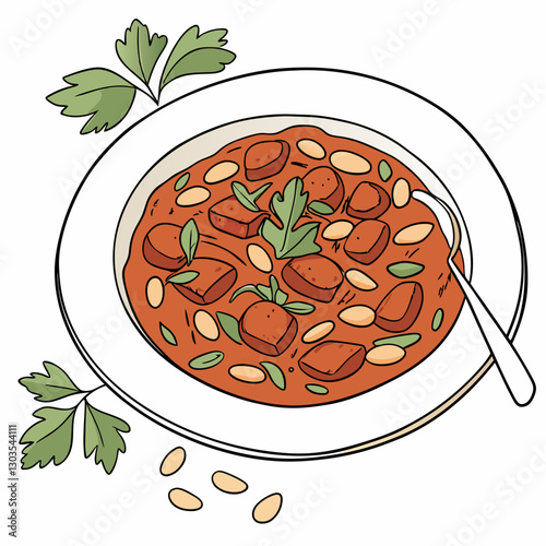 Vector Traditional white bean stew cooked in a rich tomato-based sauce, garnished with fresh parsley, and served on a white plate. A comforting and nutritious vegetarian dish