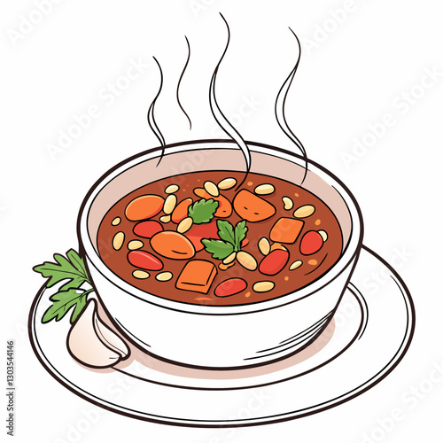 Vector Traditional white bean stew cooked in a rich tomato-based sauce, garnished with fresh parsley, and served on a white plate. A comforting and nutritious vegetarian dish