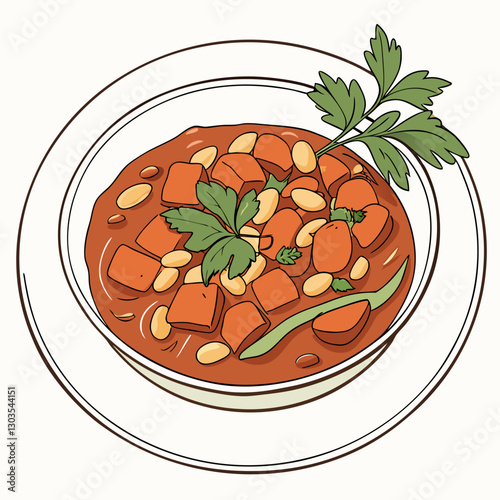 Vector Traditional white bean stew cooked in a rich tomato-based sauce, garnished with fresh parsley, and served on a white plate. A comforting and nutritious vegetarian dish