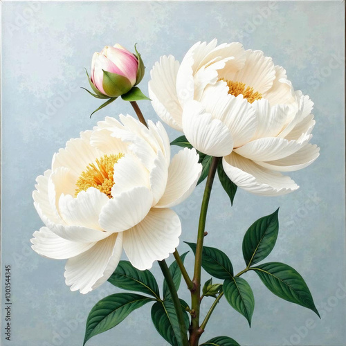 bouquet of white tulips, White peonies Interior textured picture with acrylic paints depicting beautiful white colors, blue background