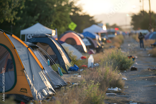 Makeshift Tent Community: A sprawling informal settlement, tents clustered, a glimpse into a harsh reality, highlighting poverty and lack of housing.