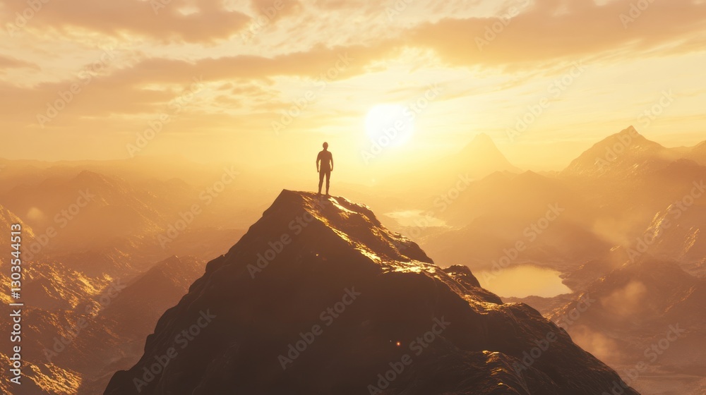 Silhouette of a person standing on a mountain peak during sunset, symbolizing success and overcoming challenges Silhouette of a person standing on a mountain peak during sunset, symbolizing success and overcoming challenges