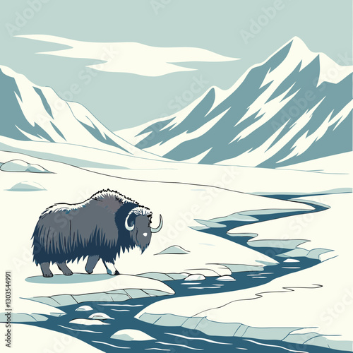 A powerful Muskox standing on an icy landscape, showcasing its rugged strength and thick fur, captured in a detailed vector illustration.