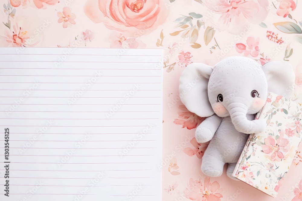 Obraz premium Children's ruled stationery pages in muted pink color with a cute little elephant