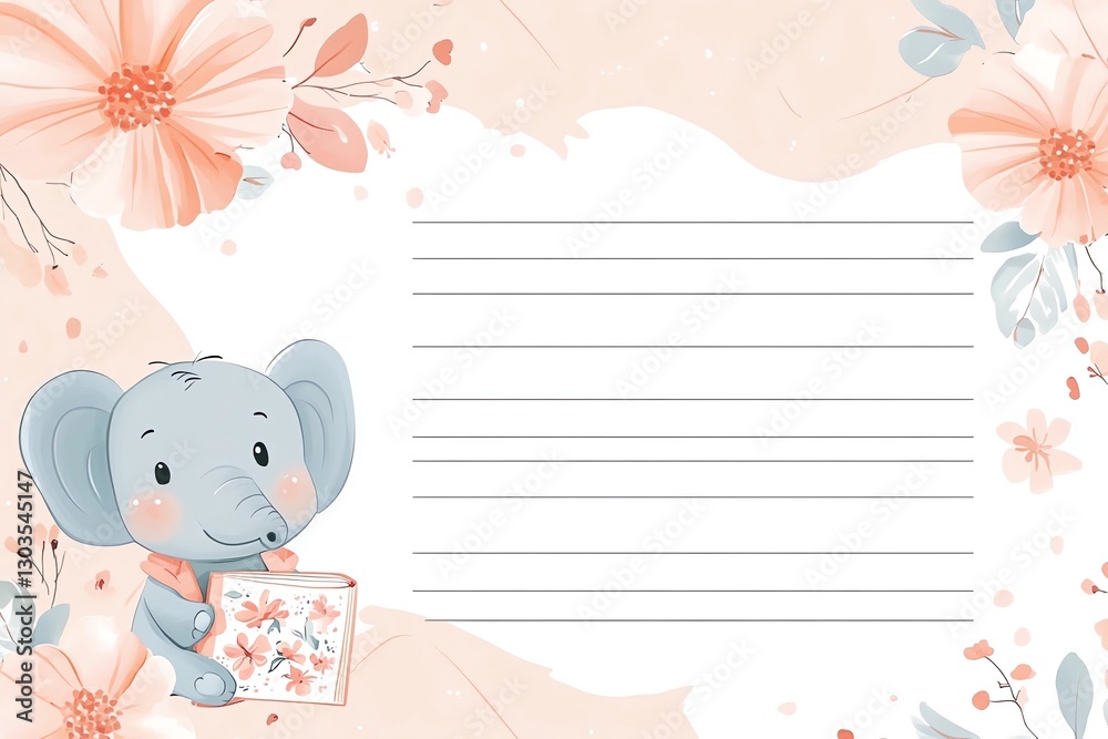 Children's ruled stationery pages in muted pink color with a cute little elephant Children's ruled stationery pages in muted pink color with a cute little elephant