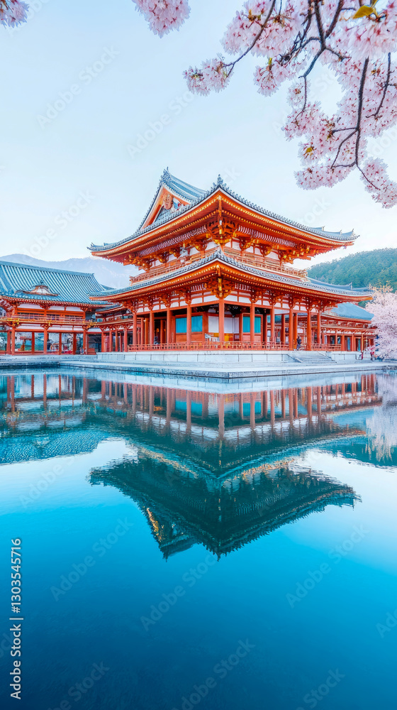Springtime at Byodo-in: A temple reflected in tranquil waters with blossoming sakura Springtime at Byodo-in: A temple reflected in tranquil waters with blossoming sakura