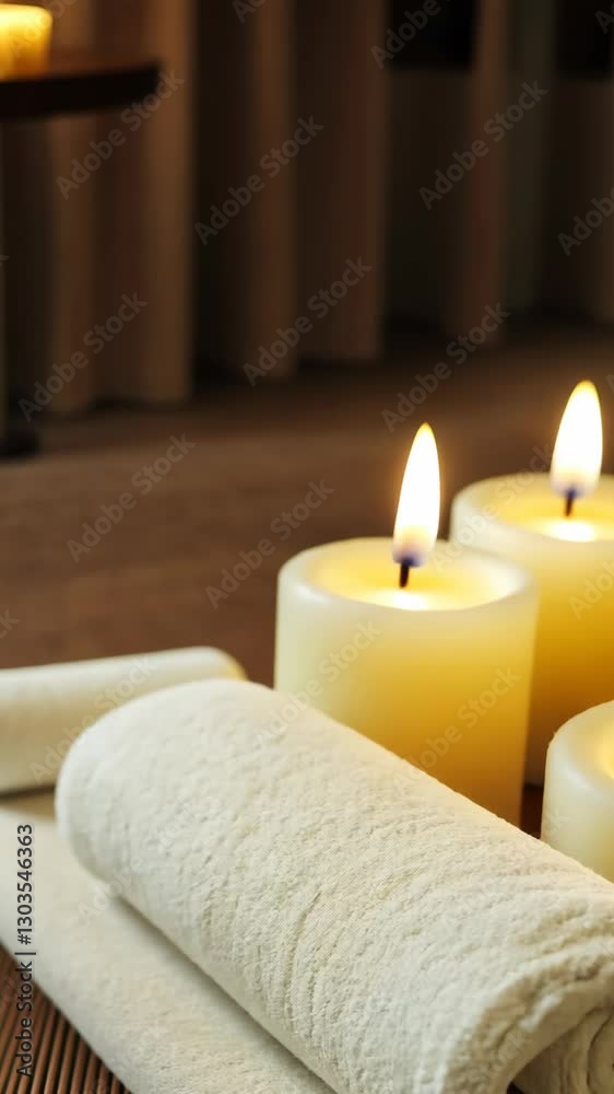 Relaxing spa setting with candles and towels creates a soothing atmosphere for self-care and tranquility Relaxing spa setting with candles and towels creates a soothing atmosphere for self-care and tranquility