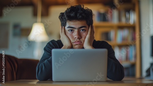 Student with worried expression at desk. Dark hair. Laptop in foreground. Bookshelf in background. Studying, work, finals week, pressure.