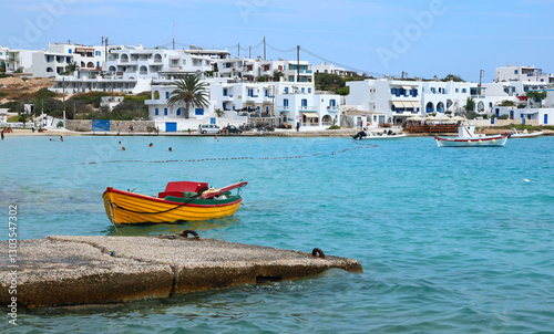 Antiparos, Greece: Beautiful bay and lime-washed buildings on the small island of Antiparos.