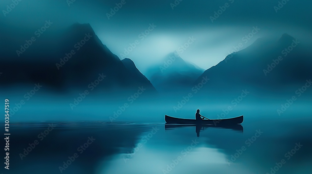 Naklejka premium A person sitting in a boat amidst a lake's fog, surrounded by mountains