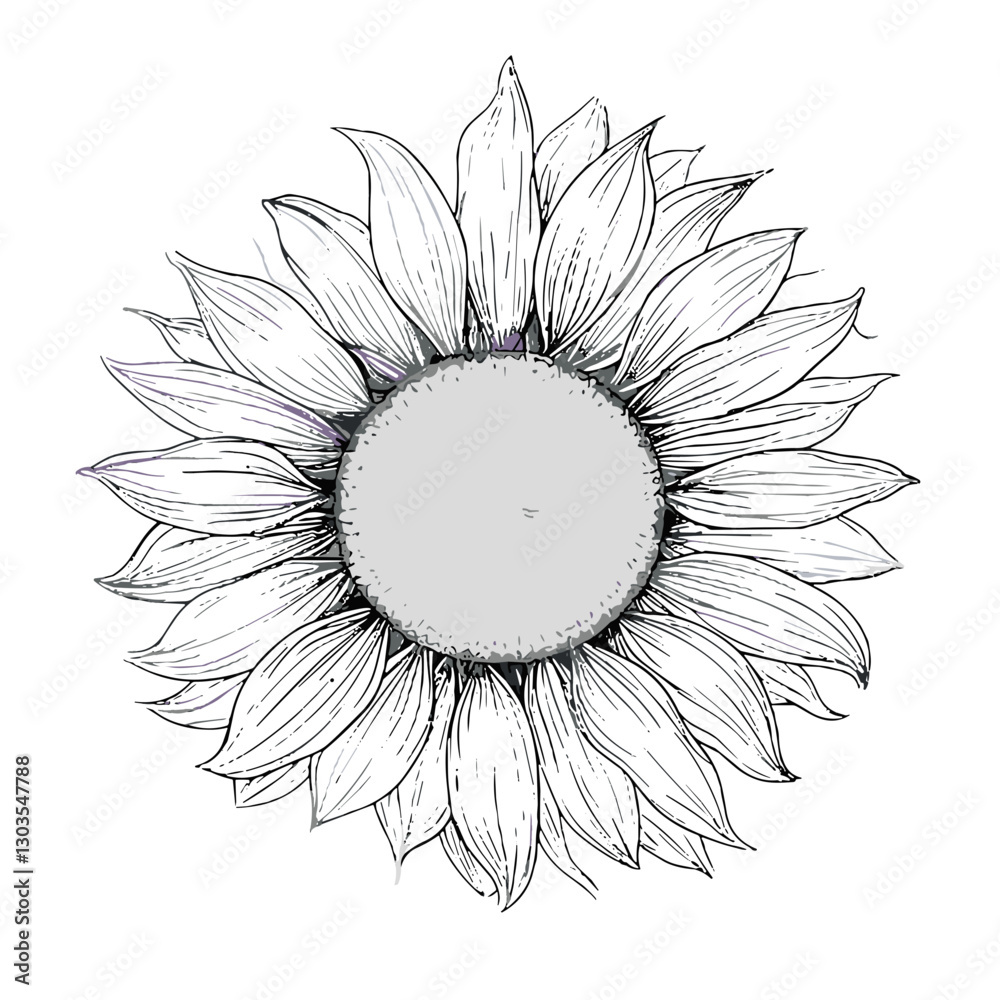 Fototapeta premium Detailed sunflower tattoo design featuring intricate petals and a textured center in black-and-white style