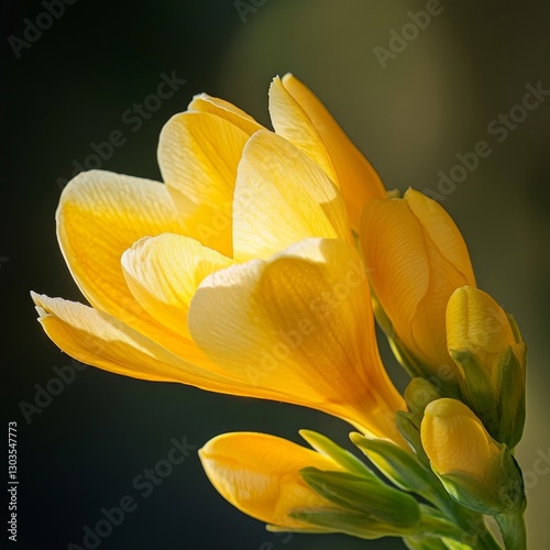 Freesia flower, showcasing its vibrant yellow petals opening beneath the sunlight