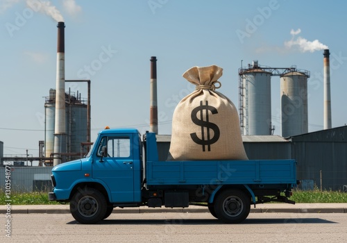 A truck carrying a large money bag, symbolizing the attraction of investment for production development and business project modernization.

