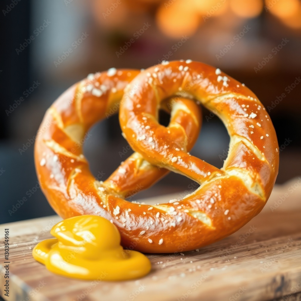 A shiny baked pretzel with a side of mustard on a wooden board, warm inviting lighting in background. A shiny baked pretzel with a side of mustard on a wooden board, warm inviting lighting in background.