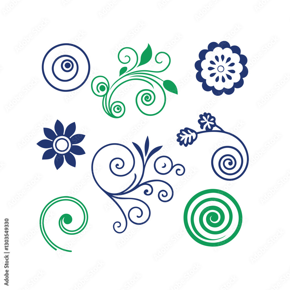 Floral Swirls, Green and Blue Design Elements, Vector Graphics Floral Swirls, Green and Blue Design Elements, Vector Graphics