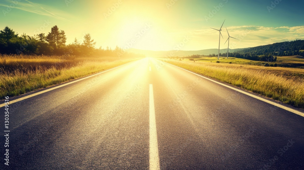 Scenic Roadway Under Bright Sun with Wind Turbines in Distance Scenic Roadway Under Bright Sun with Wind Turbines in Distance