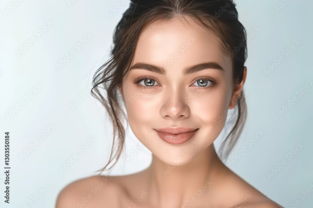 smiling young Asian woman, female model with white plain color background, flawless facial skin with no makeup, beauty and skincare advertise concept smiling young Asian woman, female model with white plain color background, flawless facial skin with no makeup, beauty and skincare advertise concept