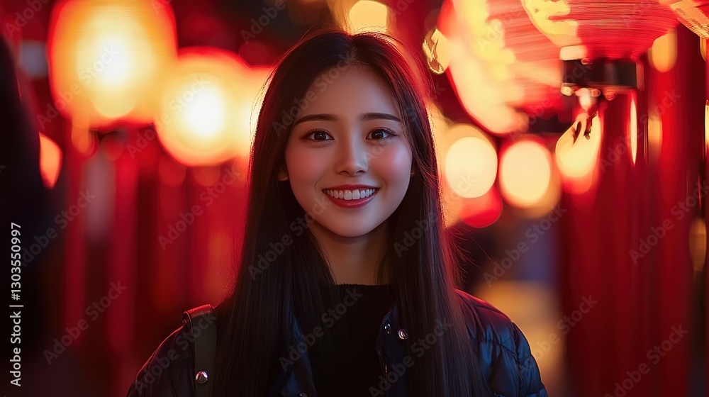young pretty Japanese woman smiling with blur temple gate as background, young pretty Japanese woman smiling with blur temple gate as background,