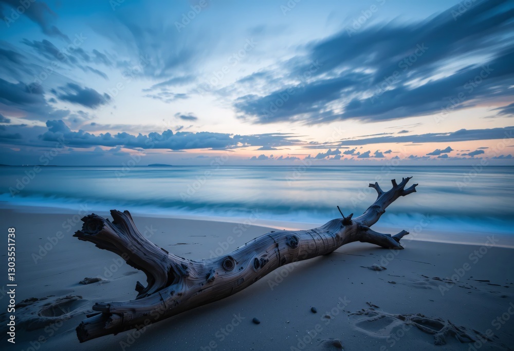 Tranquil Beach Scene At Dusk. Driftwood Log On Shore. Sky Transitions To Orange Hues. Gentle Waves Reflect Sunset. Serene Nature. Peaceful Mood. Coastal Beauty. Tranquil Beach Scene At Dusk. Driftwood Log On Shore. Sky Transitions To Orange Hues. Gentle Waves Reflect Sunset. Serene Nature. Peaceful Mood. Coastal Beauty.