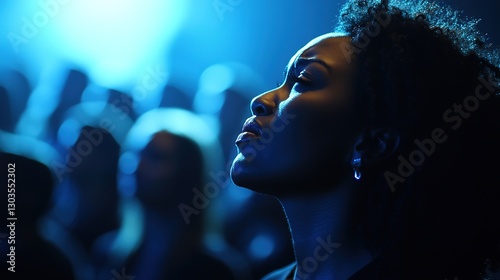 black African woman and people crying at church pray to God, worship in dim light room