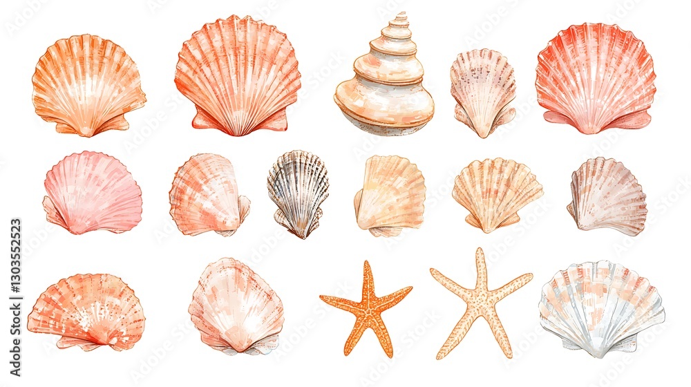 Watercolor seashells and starfish on white Watercolor seashells and starfish on white