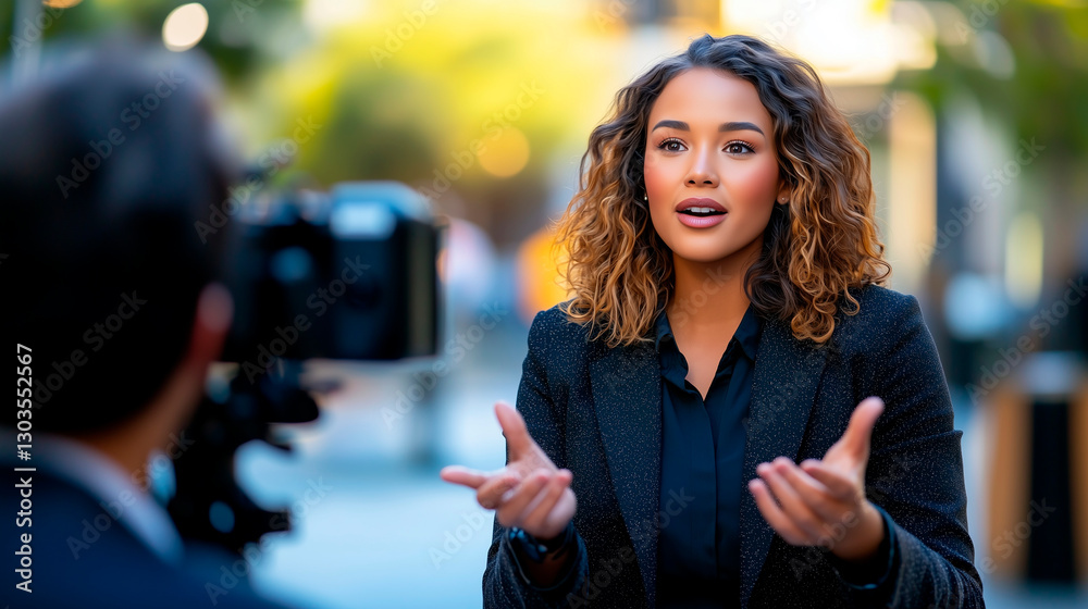 Dynamic African American Journalist Reporting Outdoors Dynamic African American Journalist Reporting Outdoors