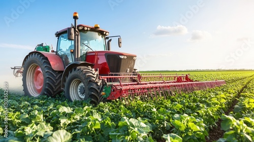 Red tractor cultivating sugar beet field on sunny day