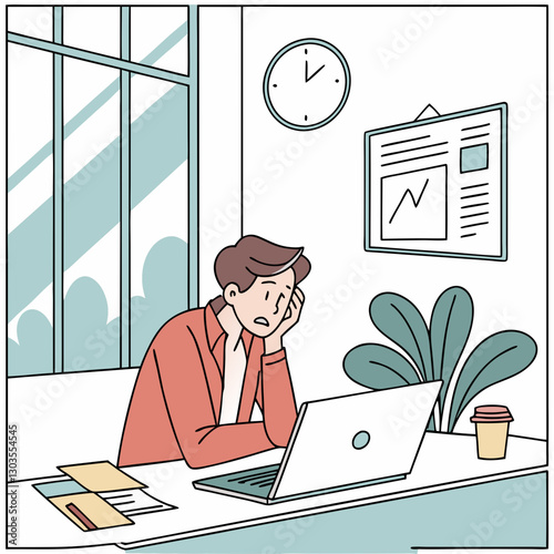Vector A concerned man sitting at a desk with a laptop is reacting to bad news or a stressful situation in a bright office setting