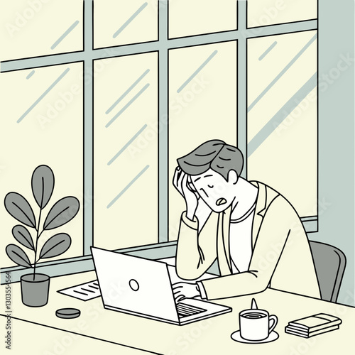 Vector A concerned man sitting at a desk with a laptop is reacting to bad news or a stressful situation in a bright office setting