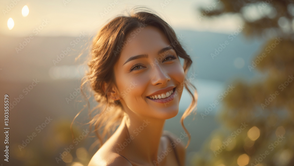 Smiling Woman in Nature with Golden Sunlight Smiling Woman in Nature with Golden Sunlight
