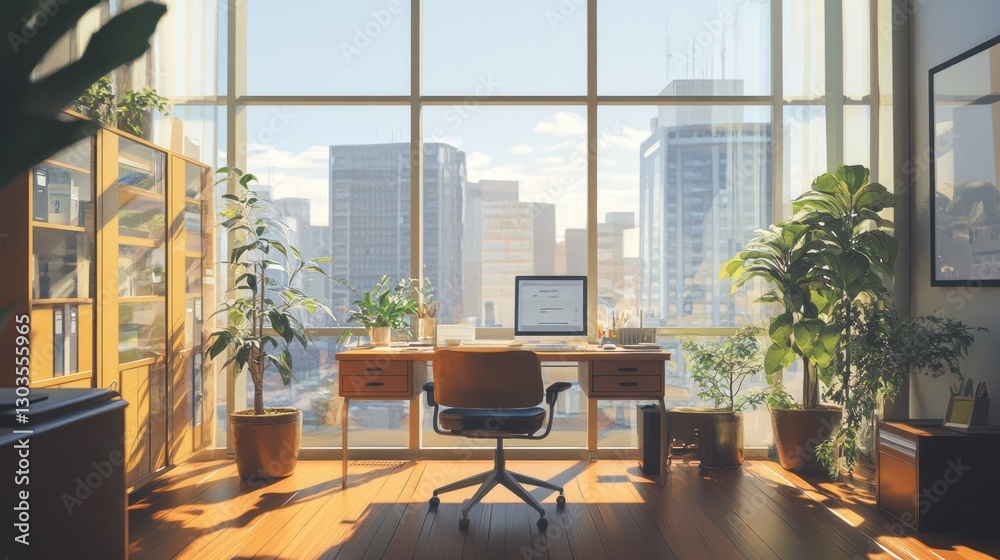 Fototapeta premium Sunny city view home office, work from home, peaceful workspace