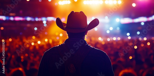 Back view of a cowboy silhouette at a country music concert