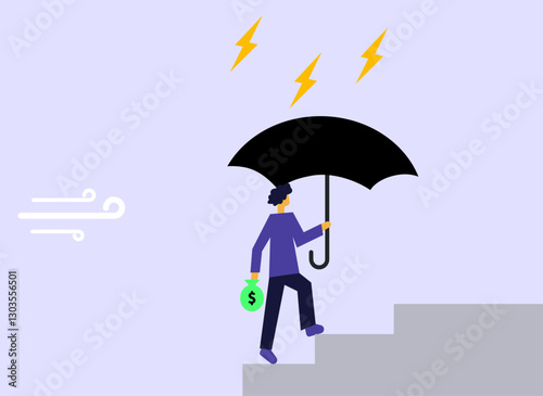 Man protecting personal finance from adverse bad economic condition illustration