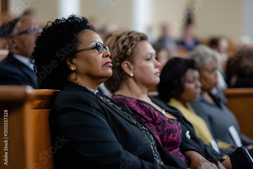 Congregation attends a service. Rows of people listen attentively during a presentation or sermon. Women and men dressed formally in a church.