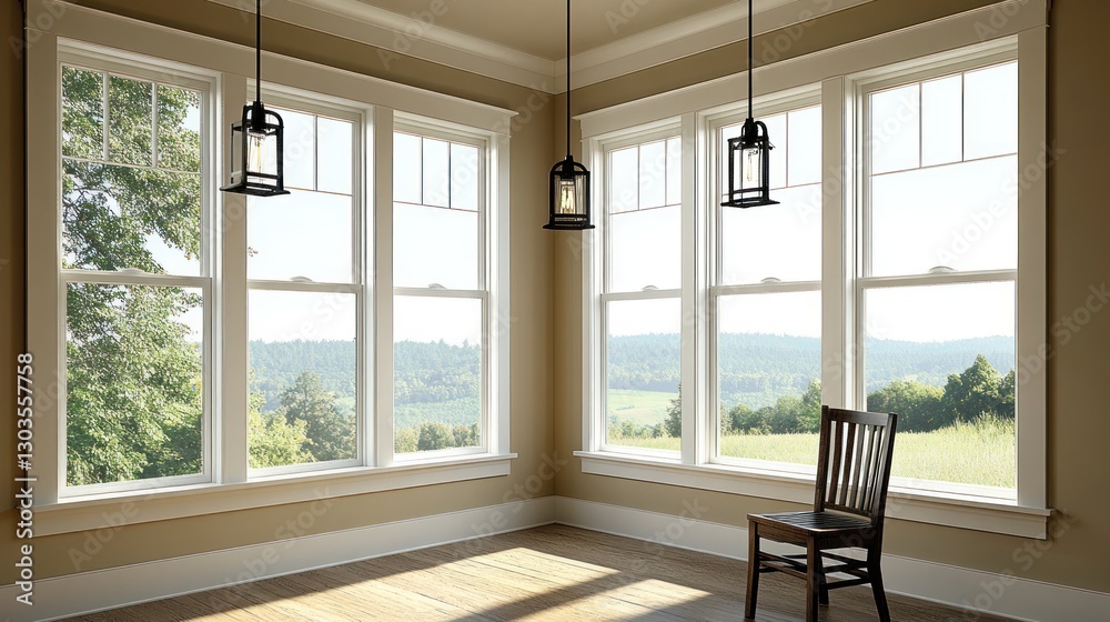 Fototapeta premium Interior corner room with large windows, peaceful countryside view, modern farmhouse design, for home decor use