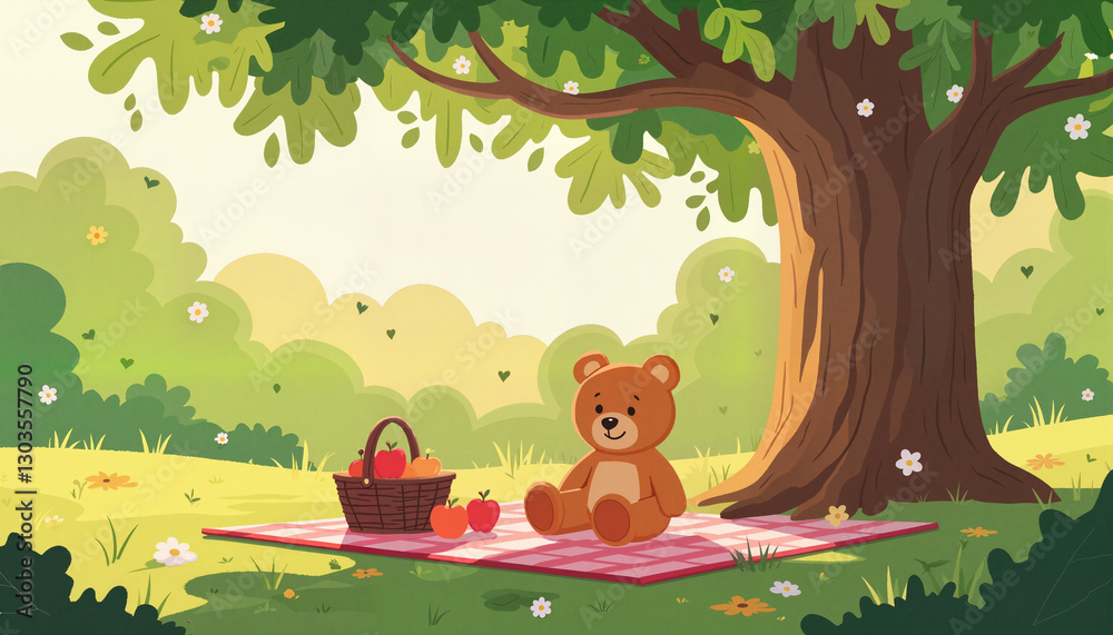 Naklejka premium Tiny teddy bear enjoying a picnic under oak tree, cheerful relaxation