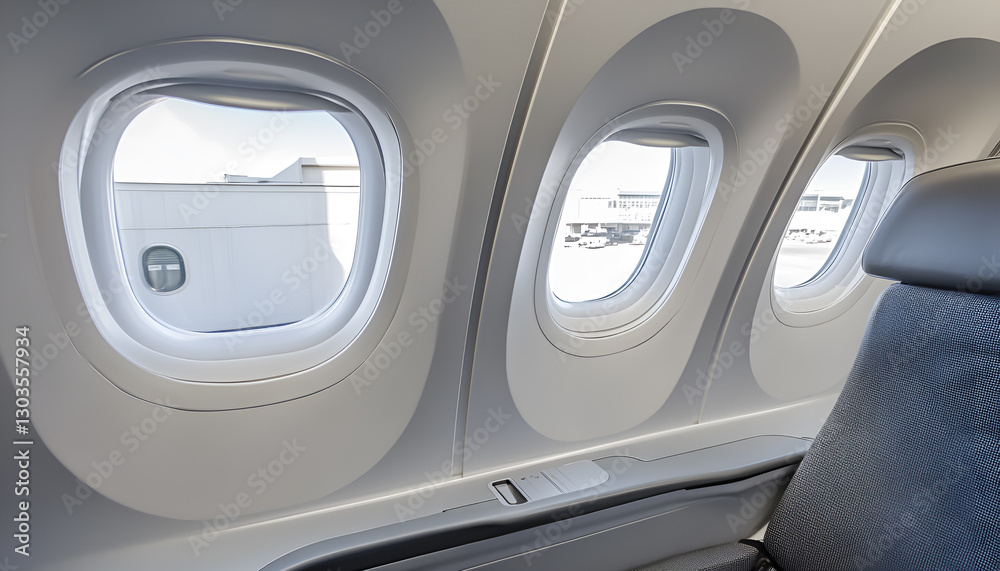 Airplane windows, view from inside cabin with gray side wall Airplane windows, view from inside cabin with gray side wall
