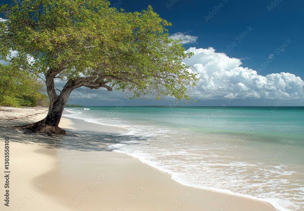 Serene Tropical Beach with Lush Green Tree on Sandy Shoreline Under Blue Sky and Fluffy White Clouds Serene Tropical Beach with Lush Green Tree on Sandy Shoreline Under Blue Sky and Fluffy White Clouds