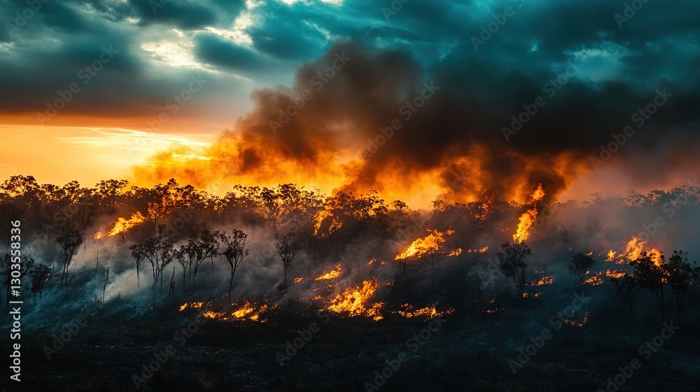 Obraz premium aerial view of wildfire burning in wide area with flame fire and smoke