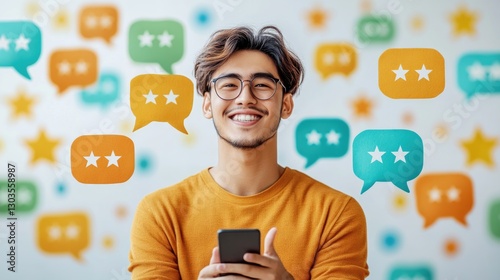 Young man engaging with feedback and reviews on his smartphone