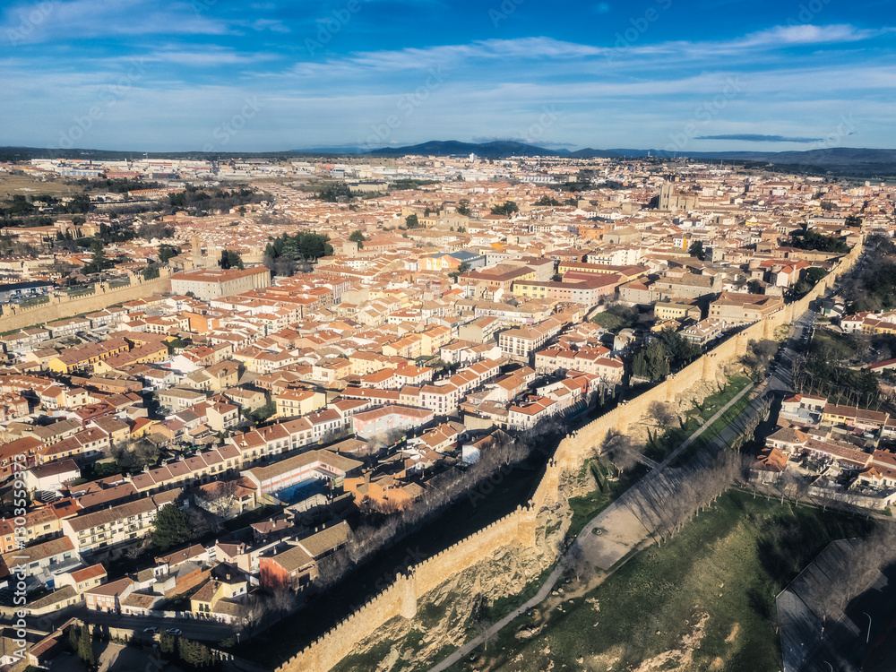 Fototapeta premium Aerial view to medieval wall of Avila town, spain