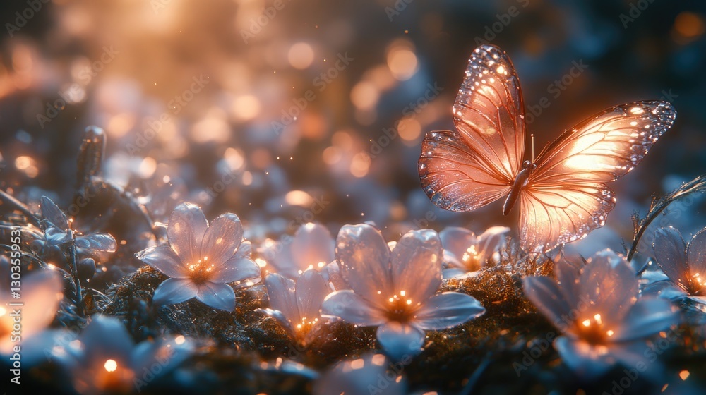 Fototapeta premium Enchanting butterfly amidst glowing flowers in a magical landscape
