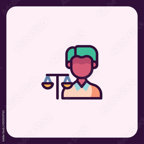 Depiction of justice representation with scales and a figure, icon style