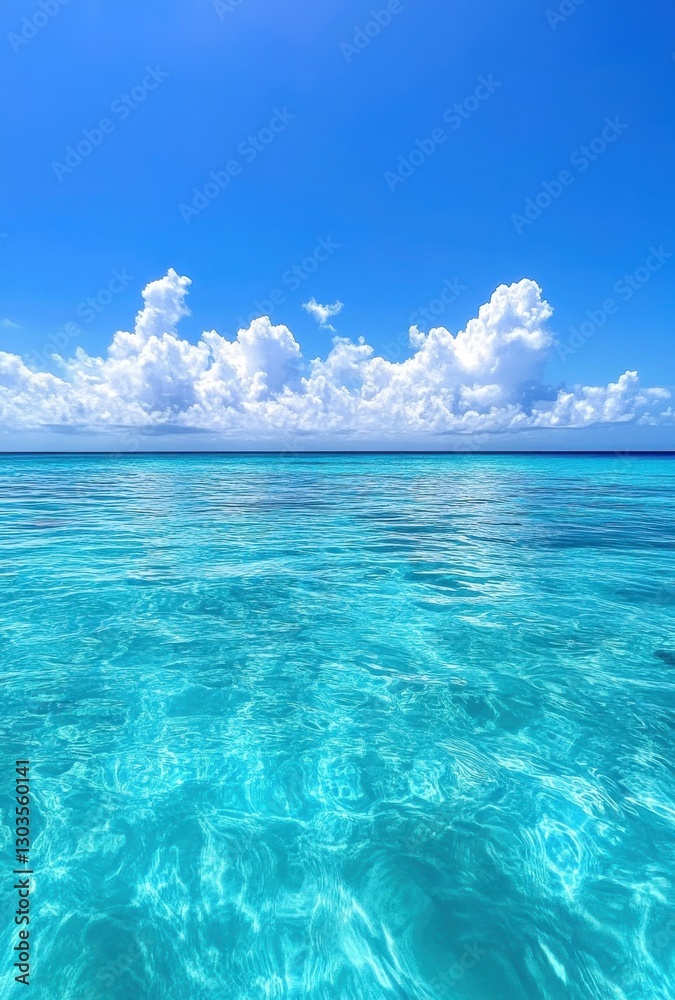 Serene Tropical Ocean View with Calm Crystal Clear Water Under Vibrant Blue Sky and Fluffy White Clouds on a Peaceful Warm Day at the Beach Serene Tropical Ocean View with Calm Crystal Clear Water Under Vibrant Blue Sky and Fluffy White Clouds on a Peaceful Warm Day at the Beach