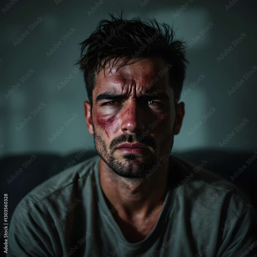 A solemn man with bruises on his face sits alone in a dimly lit room, lost in thought, symbolizing the silent suffering, fear, and emotional trauma of domestic abuse against men