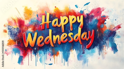 Vibrant and Colorful Happy Wednesday Greeting with Artistic Paint Splashes.