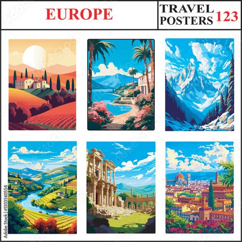Europe Tuscany Marbella Chamonix Travel Poster Wall Art Print Collection Set Part 123